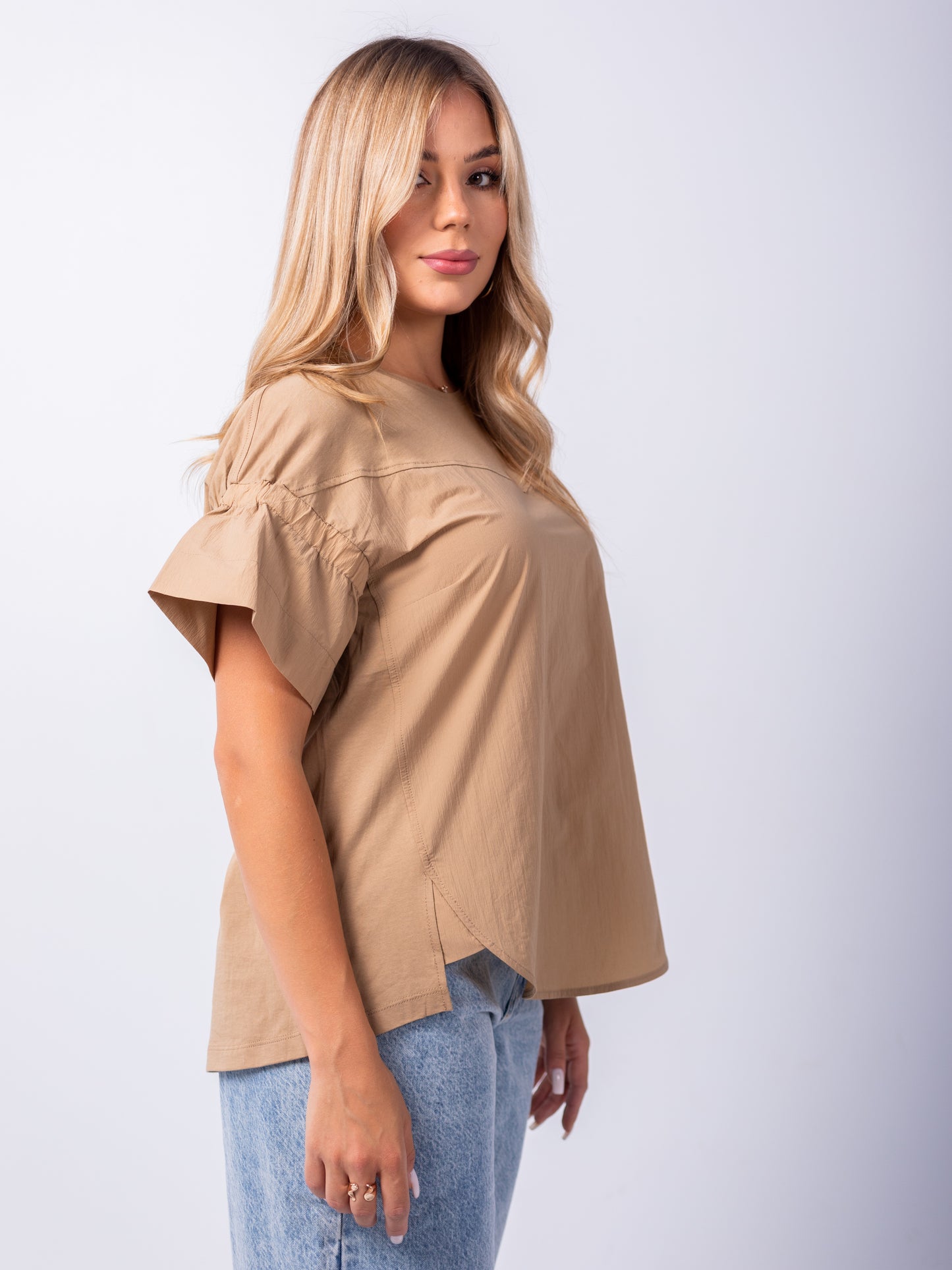 Relaxed Fit Ruffle Sleeve Blouse – Beige