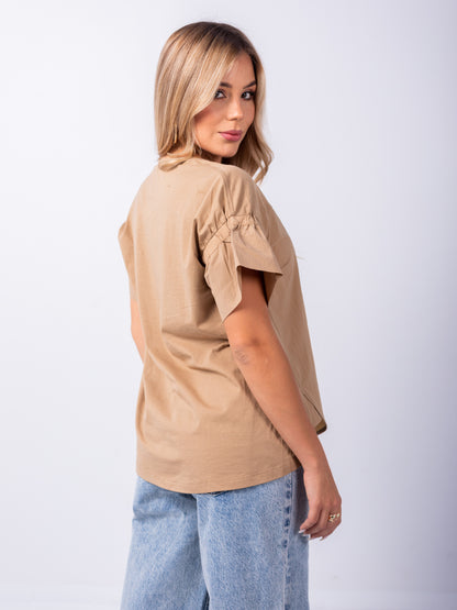 Relaxed Fit Ruffle Sleeve Blouse – Beige