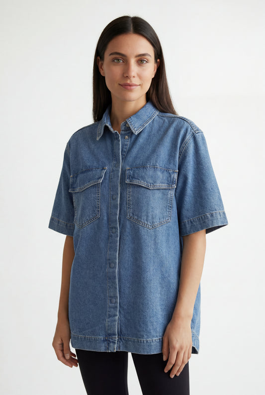 Oversized Denim Short-Sleeve Shirt