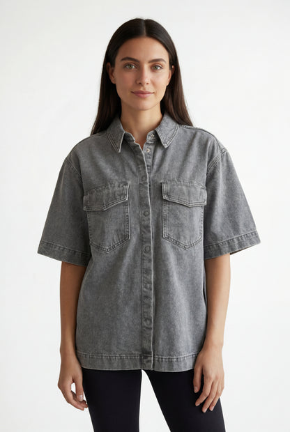 Oversized Denim Short-Sleeve Shirt