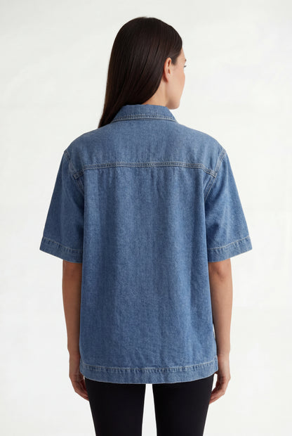 Oversized Denim Short-Sleeve Shirt