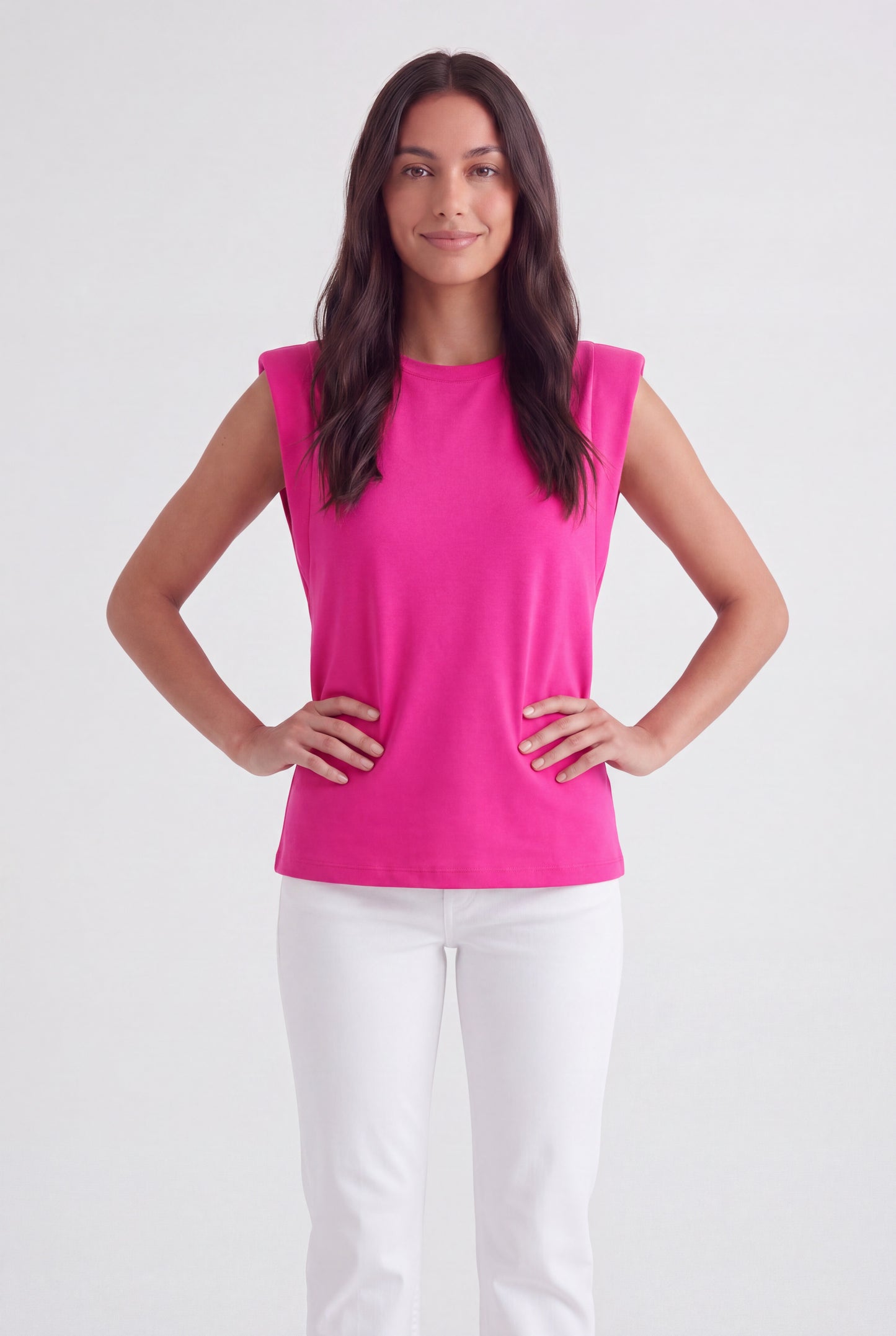 Structured Cap Sleeve Crew Neck Top