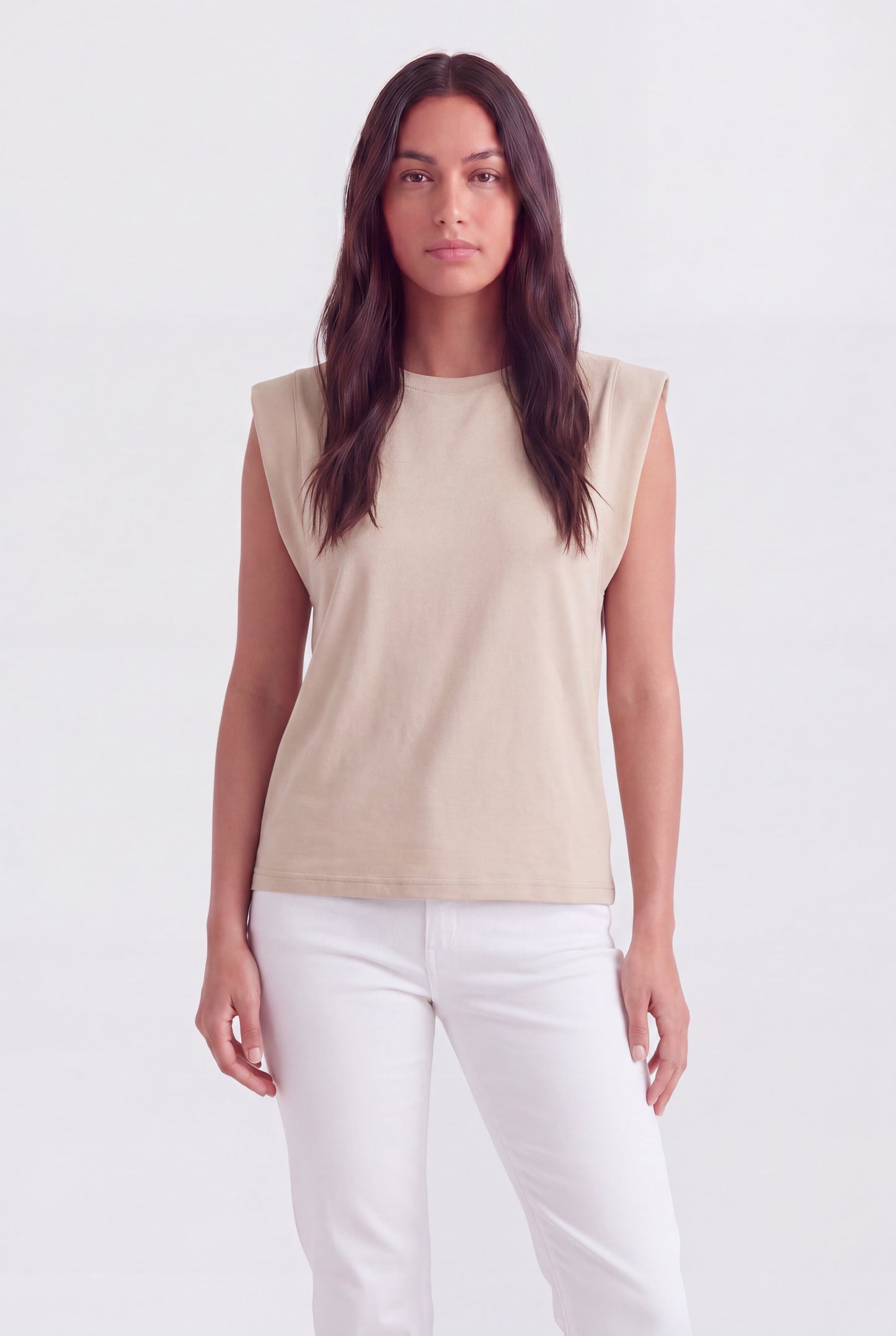 Structured Cap Sleeve Crew Neck Top