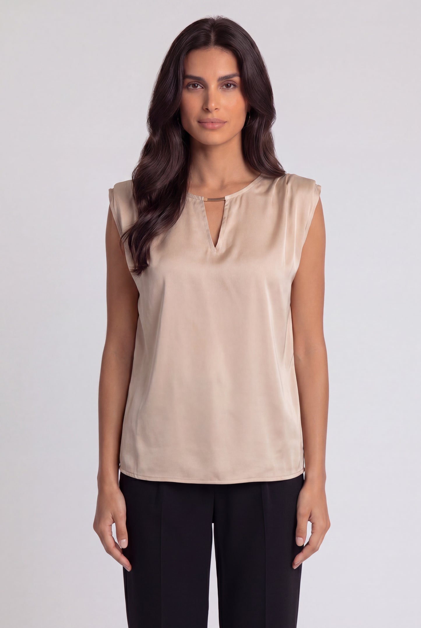 Satin Padded-Shoulder V-Neck Blouse