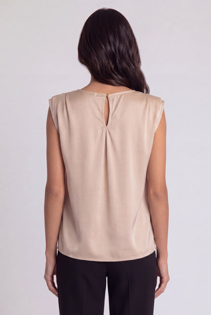 Satin Padded-Shoulder V-Neck Blouse