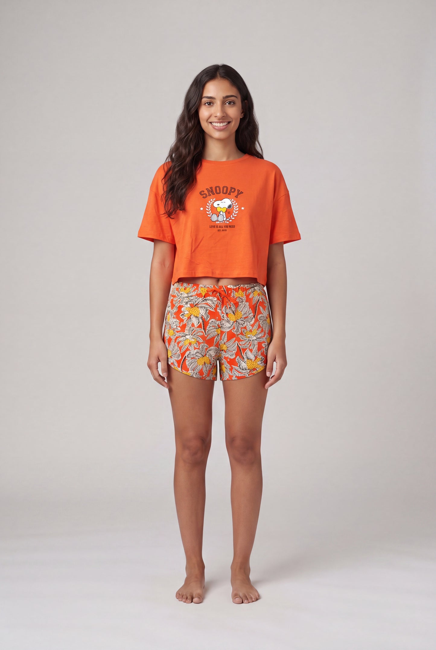 Snoopy Boxy Crop Tee & Floral Shorts Set