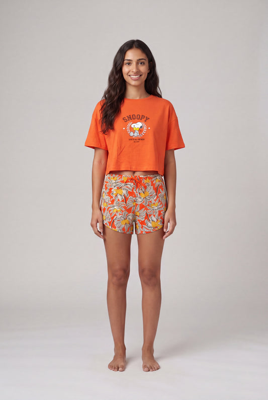 Snoopy Boxy Crop Tee & Floral Shorts Set