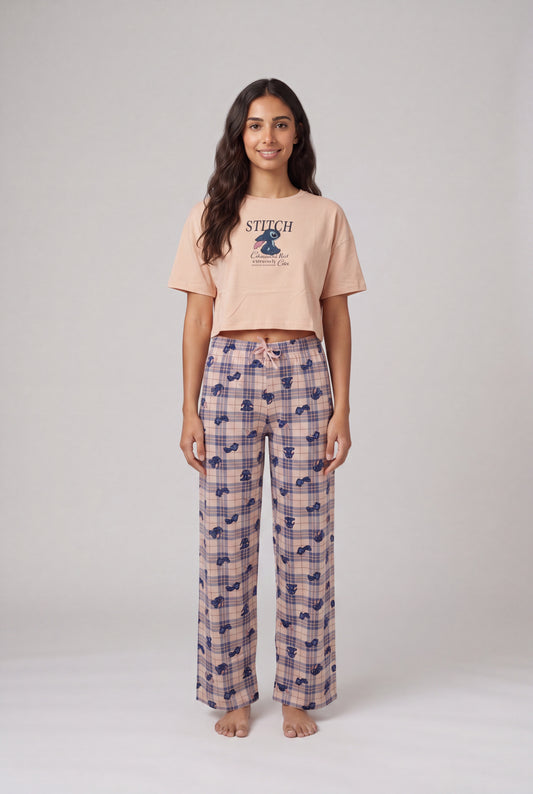 Graphic Crop Tee & Plaid Trousers Pyjama Set